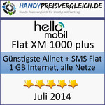 Günstigste Allnet + SMS Flat + 1 GB Internet über alle Netze: helloMobil Flat XM 1000 plus