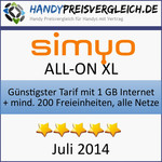 Günstigster Tarif mit 1 GB Internet Flat + mind. 200 Freieinheiten über alle Netze: simyo All-On XL