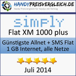 Günstigste Allnet + SMS Flat + 1 GB Internet über alle Netze: simply Flat XM 1000 plus